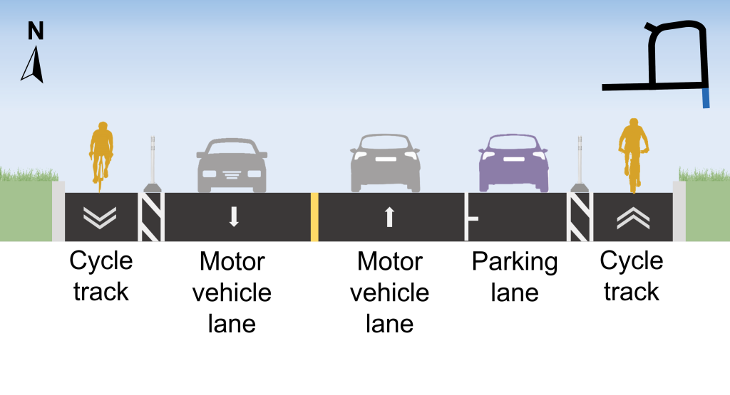 The approved changes on Deauville Lane, from Rochefort Drive to St. Dennis Drive, facing west (from left to right): cycle track, flexible bollards and precast concrete curb separation, motor vehicle lane, motor vehicle lane, parking lane, flexible bollards and precast concrete curb separation and cycle track.