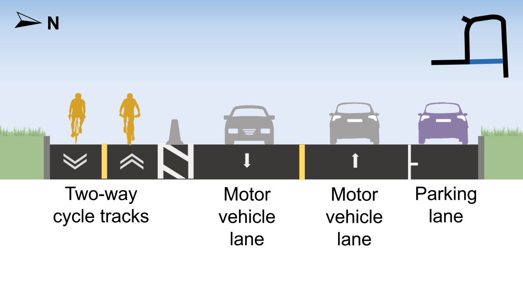 The approved changes on Rochefort Drive, from Ferrand Drive (east segment)/Deauville Lane to Ferrand Drive (west segment), facing west (from left to right): two-way cycle track, flexible bollards and concrete barriers, motor vehicle lane, motor vehicle lane and parking lane.