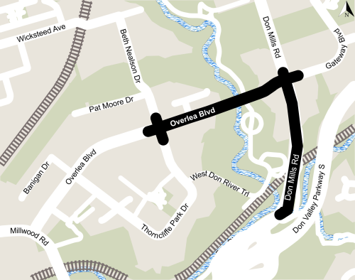 Map of Project area along Overlea Boulevard from Don Mills to the east and Thorncliffe Park Drive to the west. Please contact Steven Ziegler for more information at 416-338-2896 