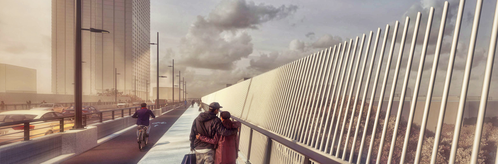 An artist's rendering of the Overlea Bridge with people walking and riding bikes.