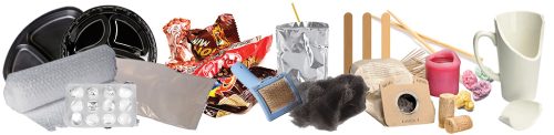 Black plastic containers, bubble wrap, blister packs, foil candy wrappers, pet hair, a stand-up pouch, vacuum cleaner bag, candles, popsicle sticks, chewing bum, corks and a broken ceramic