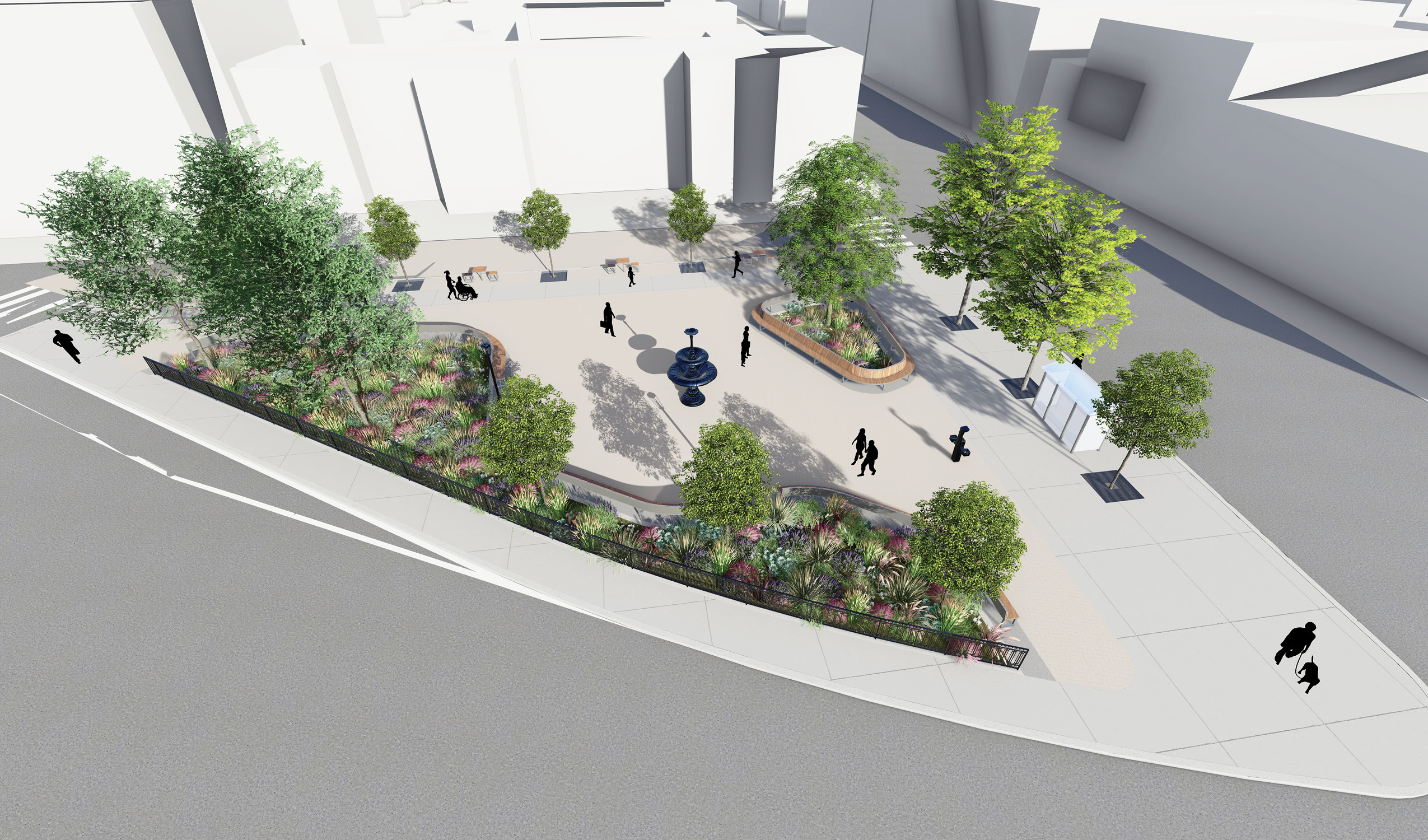 This is a 3D rendering of a future Anniversary Park with trees, benches, and people walking around. The park is located on a curved street (Gerrard Street East) with the Gerrard Street Slip Lane and existing buildings in the background. The park has an ornamental fountain in the center with benches around it. The park has a variety of trees and shrubs, including thornless honeylocust trees and pollinator friendly plantings. There are people walking around the park, some with dogs.
