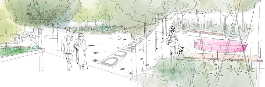 An artist rendering of park visitors walking along pathways lined with trees, planting areas and seating. The text “DUNDASDUNDAS” is featured on the ground of one of the pathways.