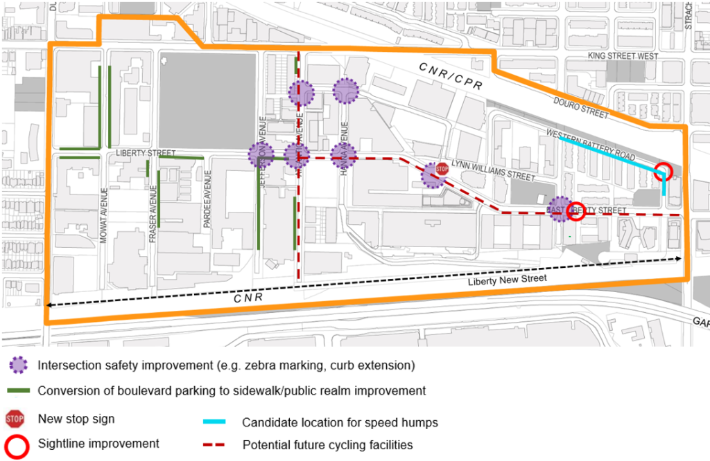 Intersection safety improvement (e.g. zebra marking, curb extension) Conversion of boulevard parking to sidewalk/public realm improvement New stop sign Sightline improvement Candidate location for speed humps Potential future cycling facilities