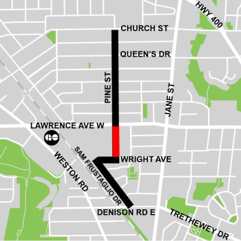Map of Weston Cycling Connections project area, highlighting proposed Phase 1 cycling facilities along Pine Street from Wright Avenue to Lawrence Avenue West