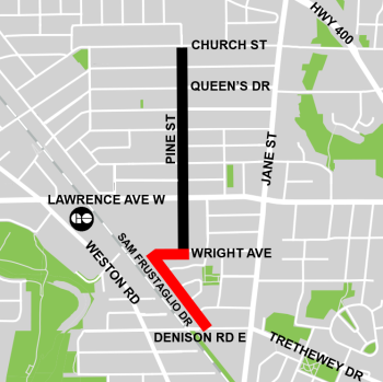 Map of Weston Cycling Connections project area, highlighting proposed Phase 1 cycling facilities along Wright Avenue and Sam Frustaglio Drive