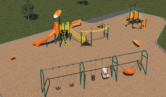 A rendering of playground Design B for the Chartland Playground improvements, looking from the southeast corner. In the foreground, you can see the swing set. To the east, there is the junior play structure, and to the west, there is the senior play structure. There are four other smaller play equipment dispersed through out the playground. 