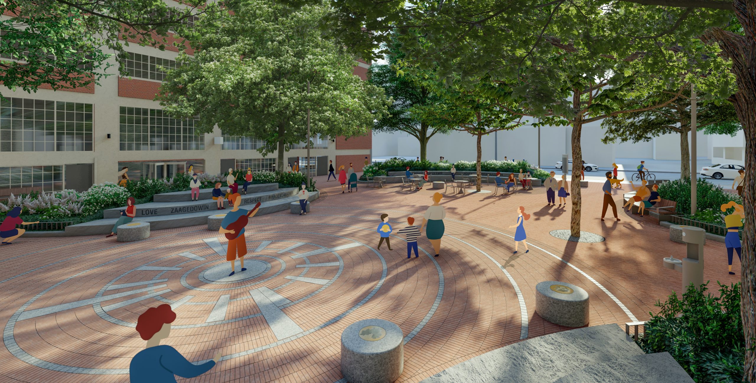 A large central open space features concentric banded circles, as well as a paving inlay with a central circular medallion with arrows radiating outwards that look like a sunburst. Four large arrows point towards the four cardinal directions while smaller arrows point towards low stone seats with bronze circular inlays on their tops. Behind the central open space, people sit on stepped stone seats framed by a planting bed to watch a person at the centre play guitar. Trees are located along the edge of the central open space within the paving and within the planting beds that frame the space. 