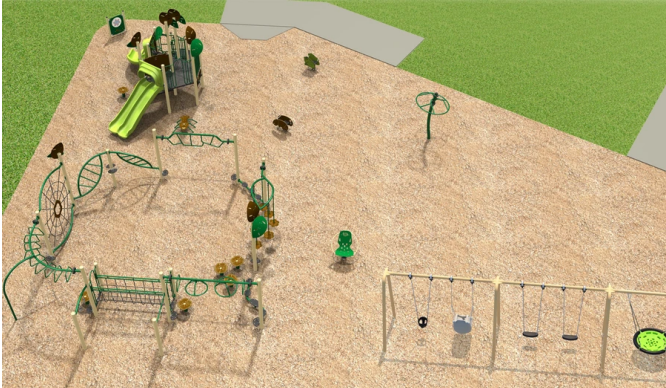 A rendering of Playground Design C looking to the north from the south. From the lower right to the upper left, it includes a swing set, spinning chair, senior challenge circuit, overhead multi-user spinner, frog spring toy, beaver spring toy, junior play structure, and freestanding multi-texture sensory panel.