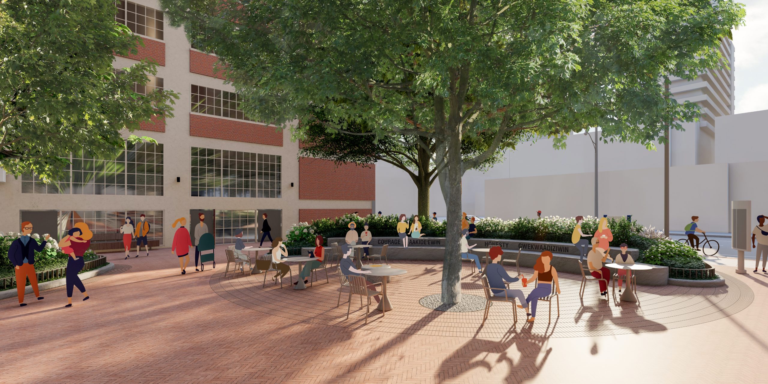 Looking towards Richmond Street East, a paved area is shown with people sitting and eating at small bistro style tables and chairs under a large shade tree. The seating area is framed by a planter that includes a long, curved and tiered stone bench with the words “Courage Aakode'ewin” and “Honesty Gwekwaadziwin” inscribed. Behind the curved bench is a planting bed that includes a low perennial planting with white flowers, and a large tree. 