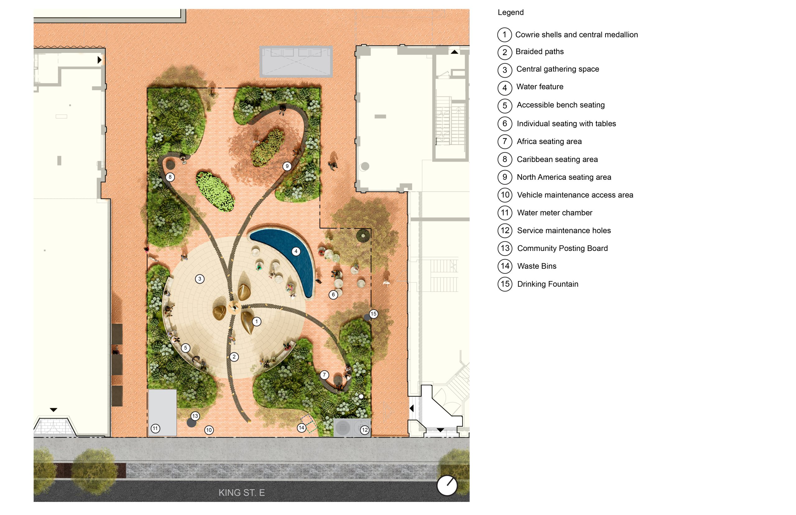 Plan view of the proposed park layout, with King Street at the bottom or southern end of the image, the private 3 metre pathways running north of King Street on either side of the park, and paving on the private property north of the park. 