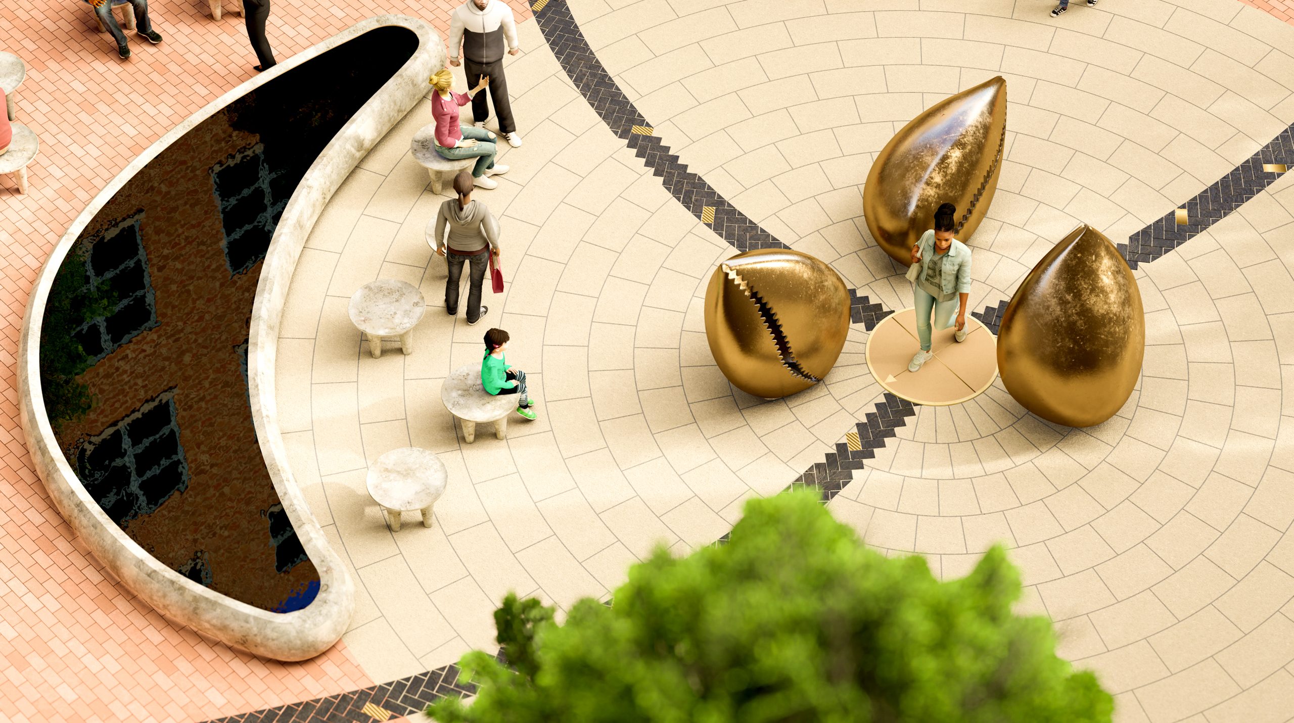 A perspective view from above facing the Southeast showing the interrelationship between the sculptures and the water feature. The calabash-shaped water feature is on the left side of the image, there are people sitting on stone stools in fron of the water feature, and to the right of the stools are the three bronze cowrie shell sculptures with a person walking past them. The view also demonstrates the proposed paving, with the sculptures surrounded by a radial paving pattern and inlaid granite pavers showing a braided pattern path, leading off to other areas of the park. 