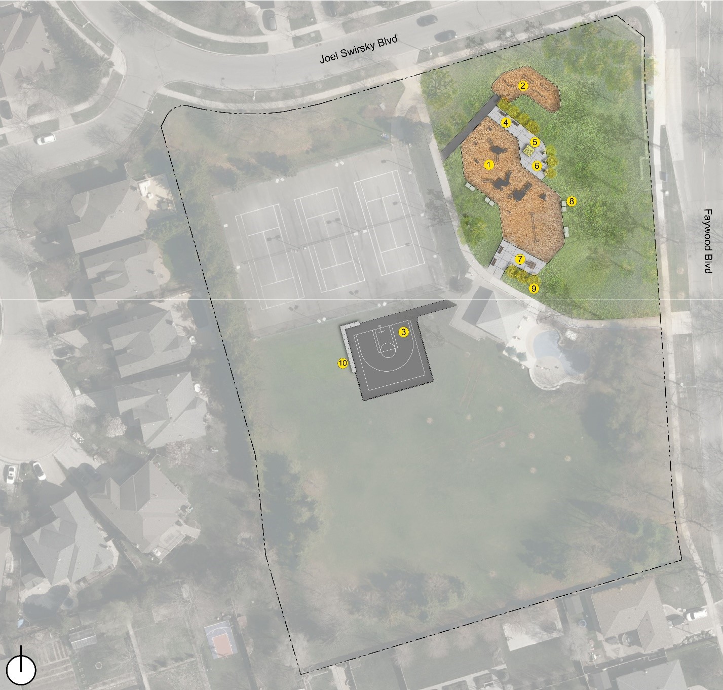 Map of Layout and Basketball Court Option 1 shows a fitness area located close to the northeast corner of the park, a playground to the south of the fitness area with seating areas along its northeast and south edges, and a half court located immediately south of the tennis courts. These amenities are connected by pathways.