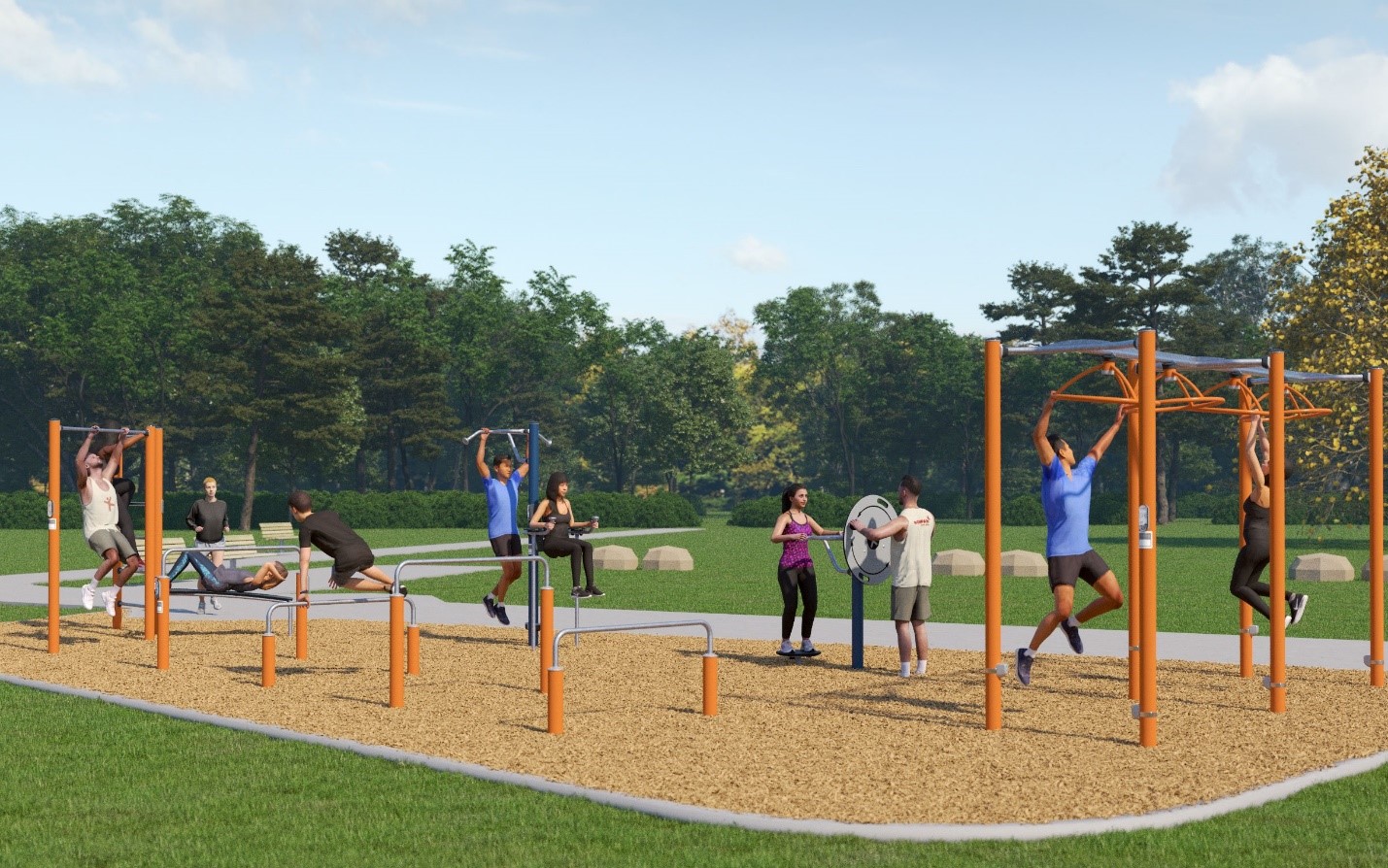 Aerial view of Fitness Area Design B shows bars of specific heights, a bench, seated equipment and specialized upper body equipment. More details are described following the image.