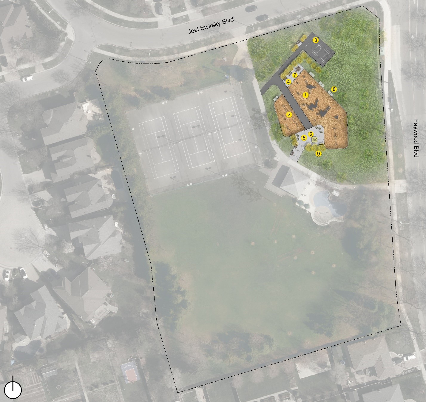 Map of Layout and Basketball Court Option 2 shows a practice court close to northeast corner of park, a playground immediately to the south of the court, a fitness area to the west of the playground, and a seating area immediately to the south of the fitness area and playground. These amenities are connected by pathways, with a pathway separating the playground and fitness area.