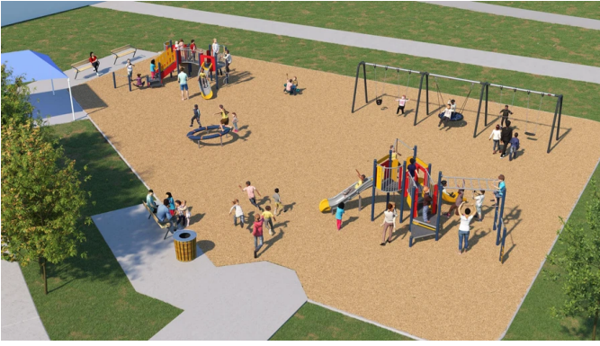 A rendering of Playground Design B looking to the north from the south. From the lower right to the upper left, it includes a senior play structure, a supernova spinner swing set, a spring toy, and a junior play structure.