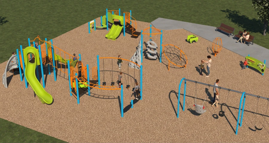 A rendering of Playground Design A looking to the north from the south. From the lower right to the upper left, it includes a swing set, senior play structure, freestanding sensory panel, upright multi-user spinner, car spring toy, freestanding climber, and junior play structure.