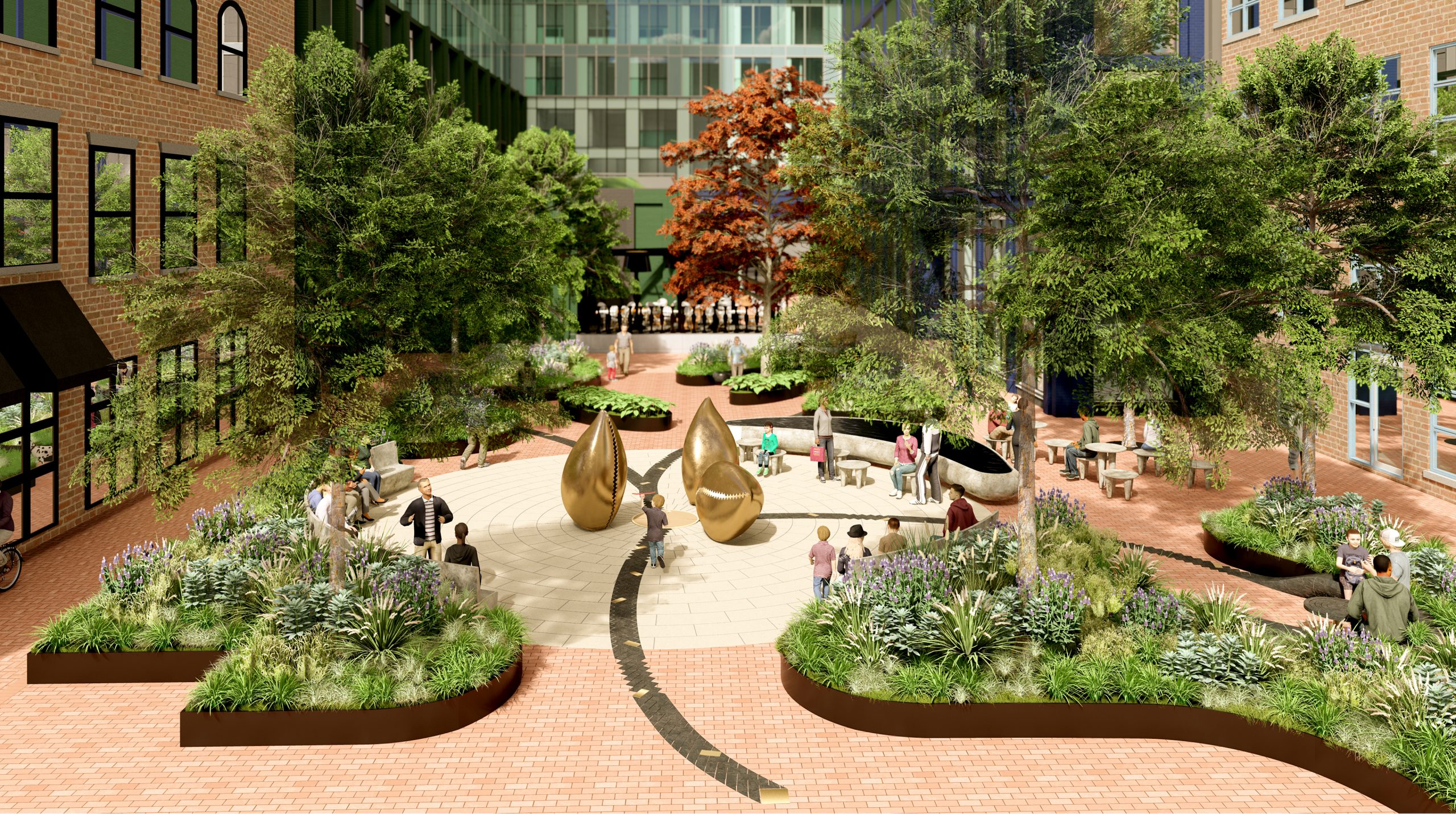 An elevated view from the South entrance of the park facing North. The park sits between two heritage buildings on the East and West sides. The braided pathway in-laid into the paving reaches out along the ground as a starting point in the visitor journey. The path is a dark colour against a red paving and has flashes of bronze incorporated within it. It leads to a central medallion with 3 bronze cowrie shell sculptures surrounding it in the middle of a round gathering area flanked by bench seating on two sides and a water feature in the North-East corner. The gathering area is defined by a light colour radial paving. There is mounded planting beds and trees on both sides of the entryway and throughout the park.