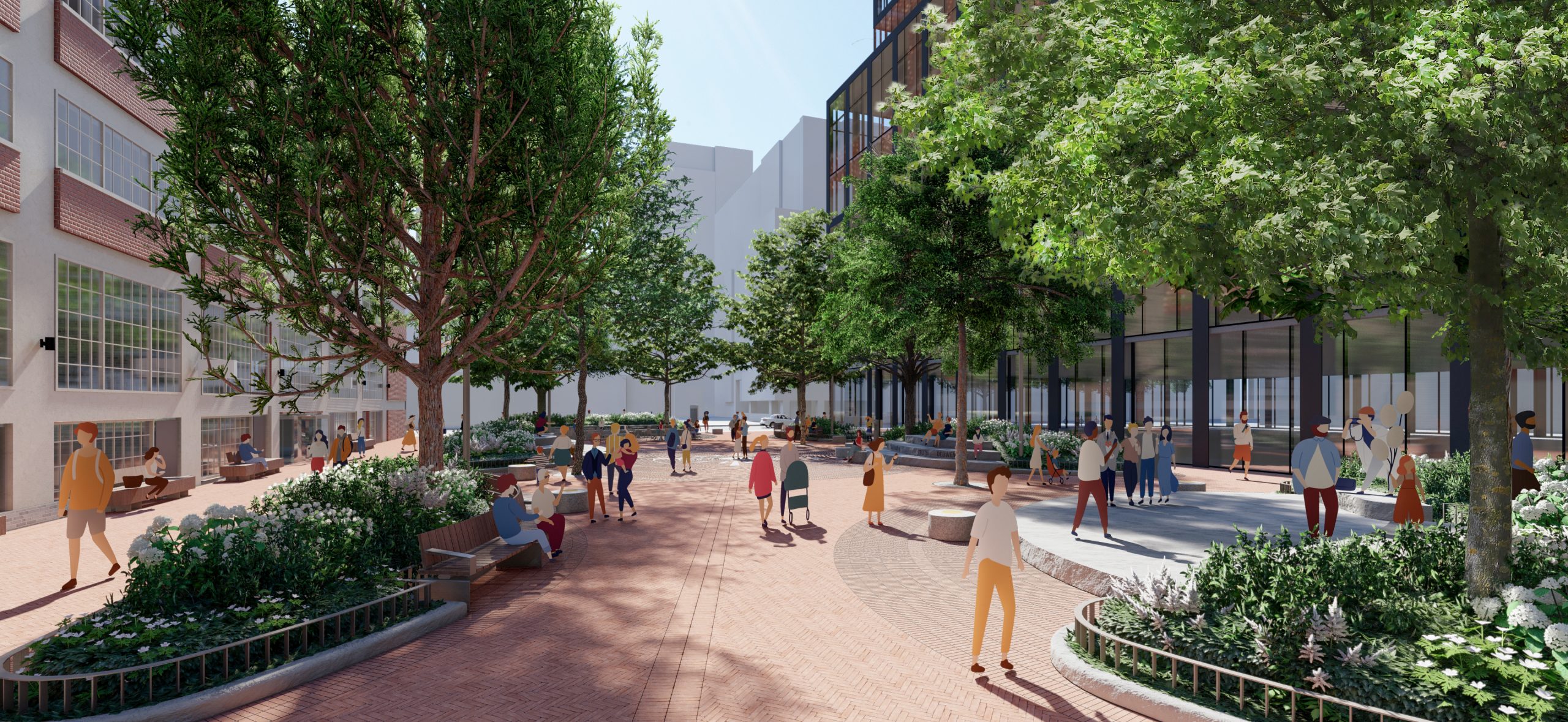 Looking from the south from the northern corner of the park towards Richmond Street, a band of pavers indicates the north-south axis of the park. The entrance is framed by a planting bed and stage on the right-hand side, and a planting bed with a curved wooden bench seat on the left. Trees and low shrubs with purple and white flowers are planted in the planting beds. Pleople stand and gather on the stage and walk through the park. 