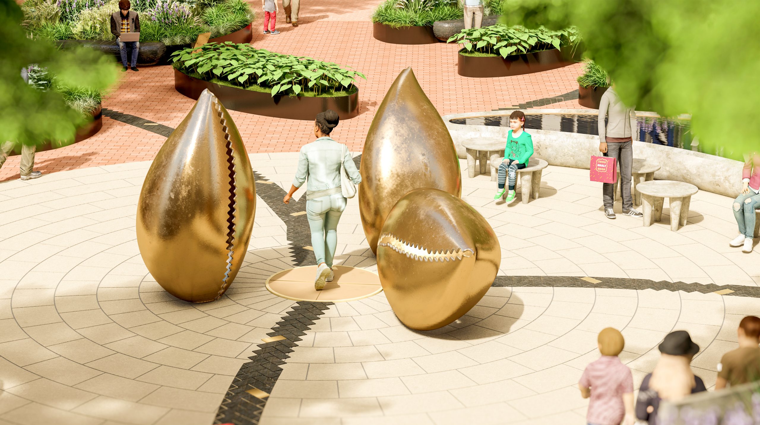 This is a zoomed in view of the central medallion and three bronze cowrie shell sculptures. The shells are of equal size standing approximately 1.6 meters tall in an upright position and are placed and rotated irregularly around the medallion. The central medallion is in- set in the radial paving of the gathering space and is the point where all the braided paths meet. The water feature can be seen to the right of the image and is surrounded by individual seating stools. There are planting beds beyond.