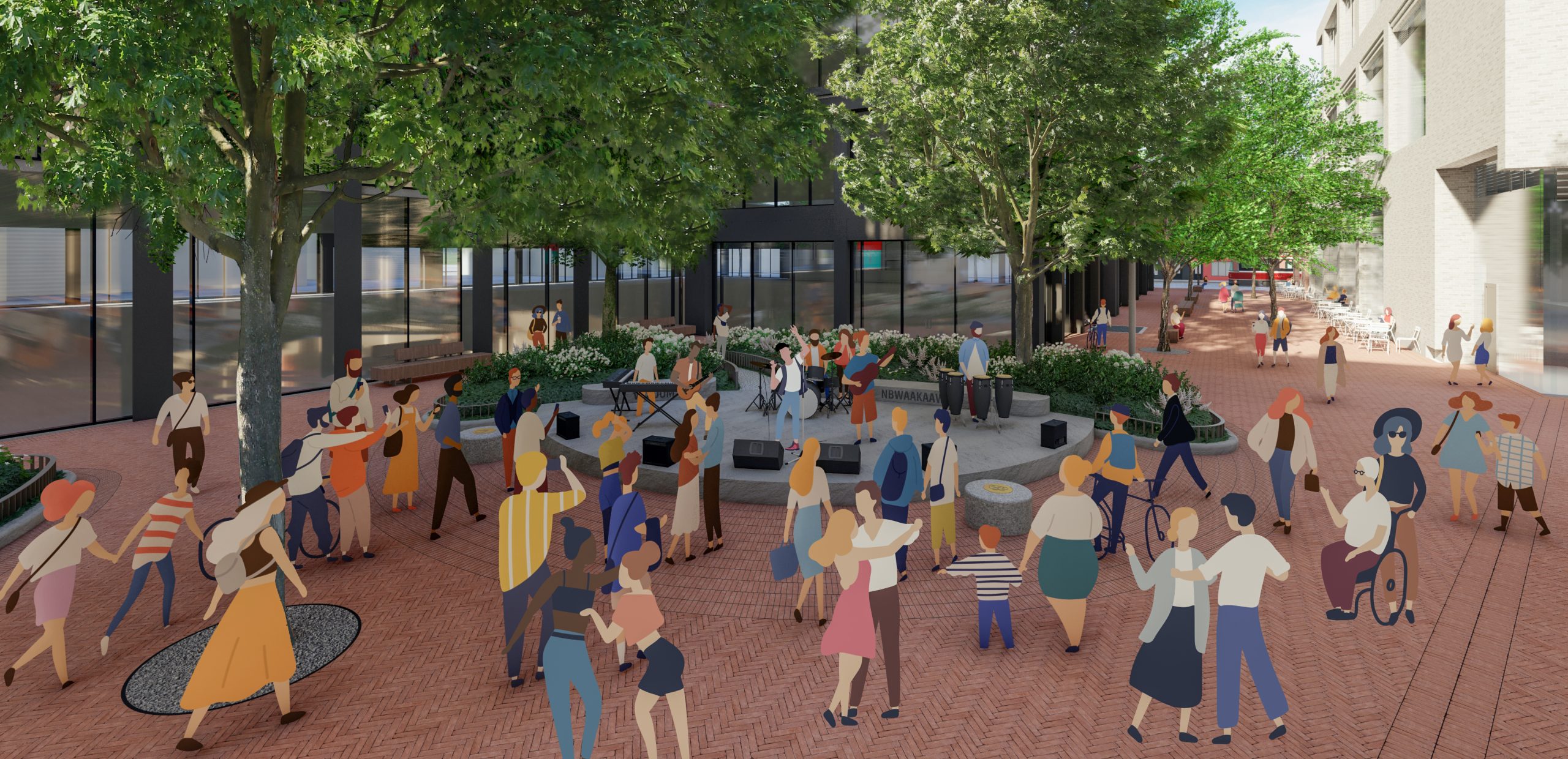 A large group of people gathers in front of a low, rounded circular stone stage while a band plays on the stage. The stage is integrated into a large plating bed that includes a large tree and a light pole. Along the right hand side of the image, a paved, treed pedestrian connection to Queen Street East is shown. 