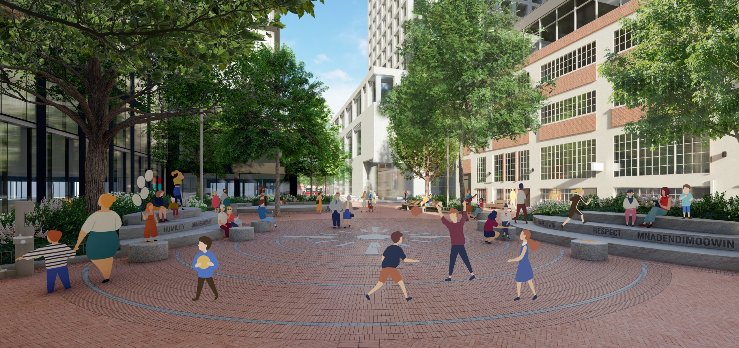 Children play in the large central gathering space within the park. The paving features a large central medallion that looks like a sun or a compass, and radiating circular bands of paving stones. The central gathering space is framed by stepped stone seats on the right and left hand edges of the park. There are three tiers of curved seating that allow people sitting to look into the central gathering space. Text is inscribed in the tiered seating on the right-hand side reads “Respect Mnaadendimowin”, while text inscribed on the seating on the left hand side reads “Humility Dibaadendiziwin”. In front of the tiered stone seats are low circular stools made of stone. Behind the tiered stone seats are mounded planting beds that include trees and light poles. 