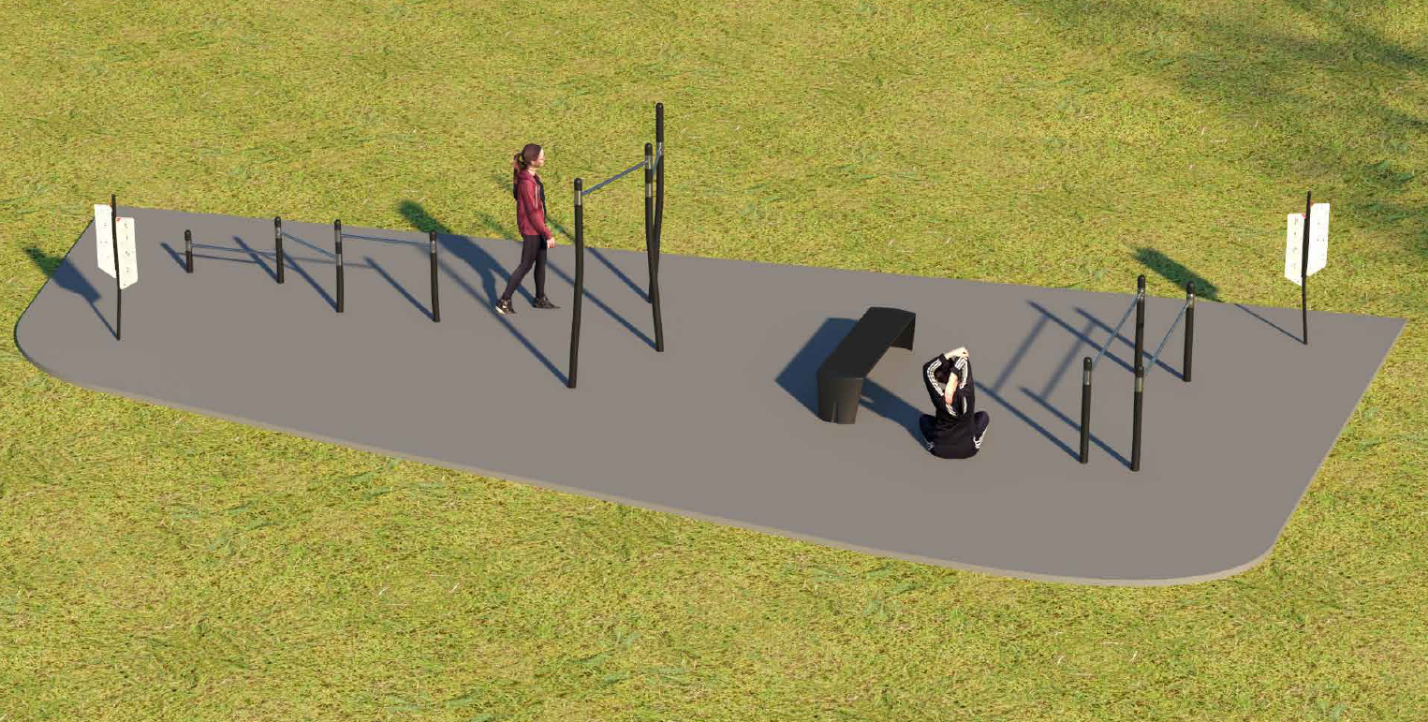 Aerial view of Fitness Area Design A shows bars of specific heights and a bench. More details are described following the image.