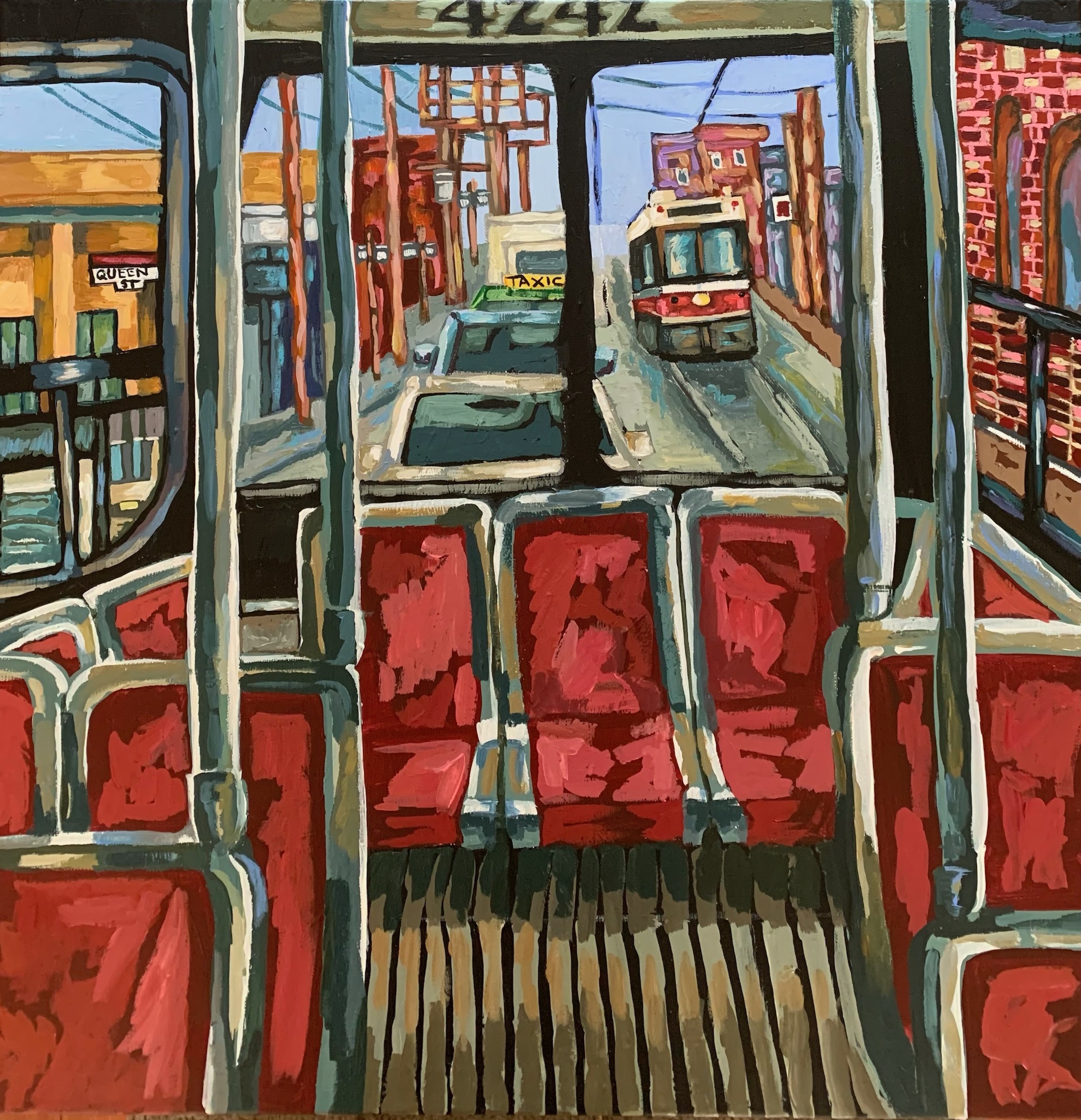 Painting of a streetcar in traffic as seen through the back window of another streetcar