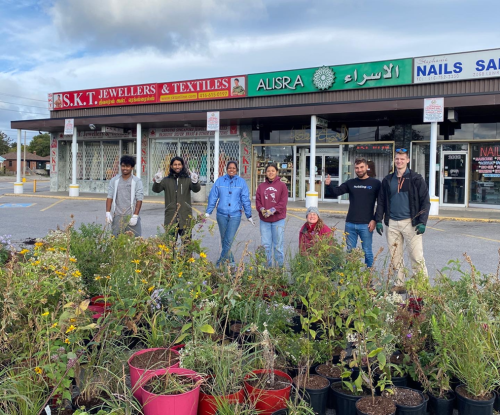Seven people posed behind plants in containers in a strip mall parking lot. Mall signs read S.K.T. Jewellers & Textiles, Alisra, and Stephanie's Nails