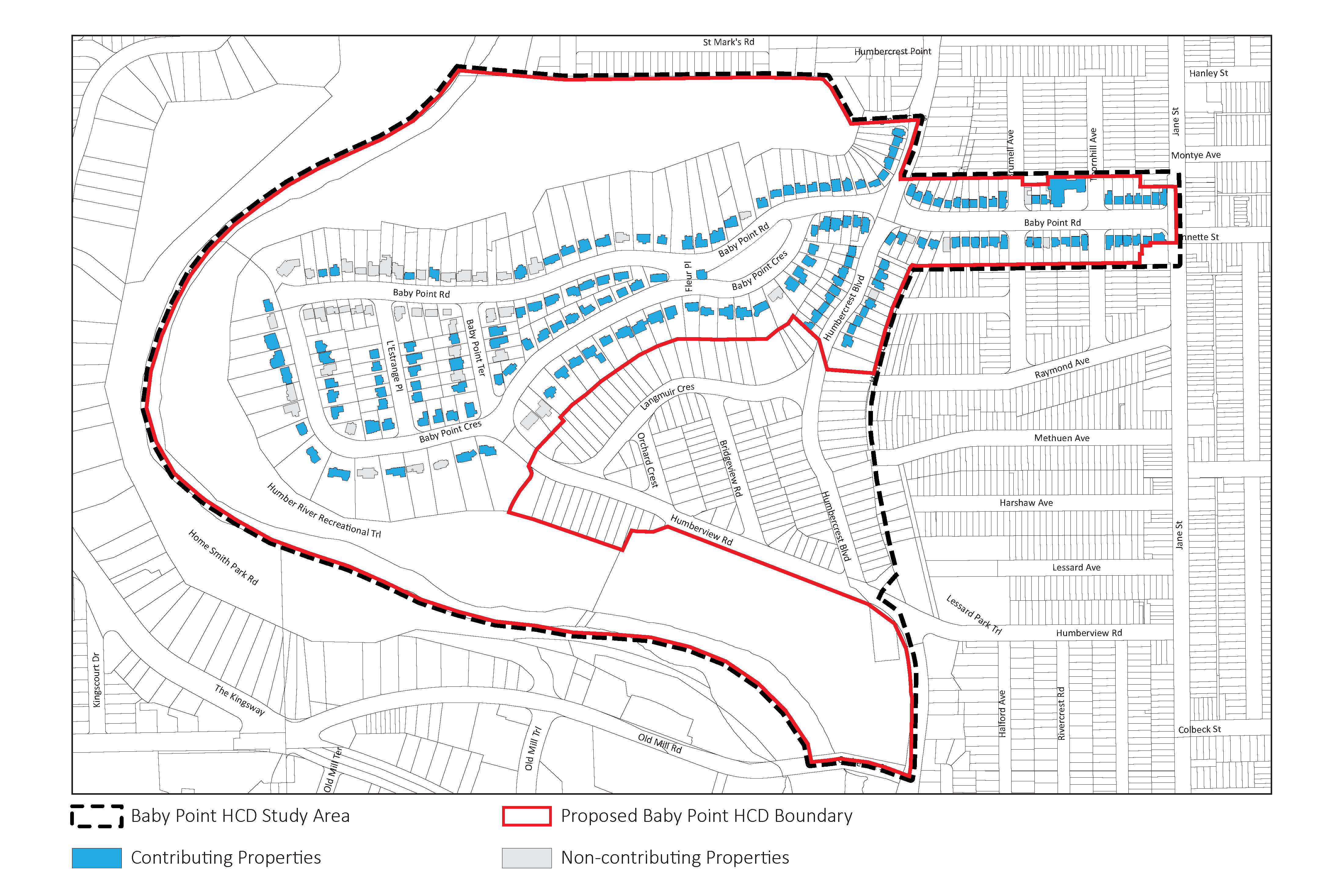 Map of the Baby Point Heritage Conservation District illustrating the proposed boundary and contributing and non-contributing properties. The proposed boundary includes all of Baby Point Road, Baby Point Crescent, L’Estrange Place, Baby Point Terrace, and Fleur Place. It includes some properties on Humbercrest Road where it intersects with Baby Point Road. Most properties in this boundary are identified as contributing.