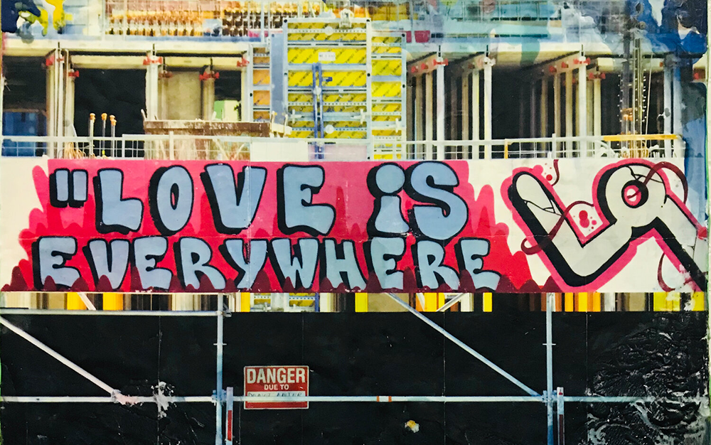 Painting of a street billboard sign with large graffiti text reading Love is Everywhere