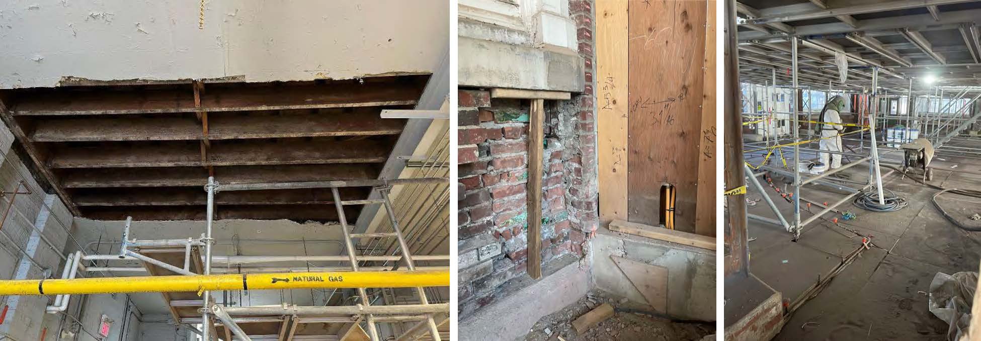 A photograph with three images side by side showing the interior work happening at the Palm House building. On the left, shows roof structure supports. In the middle, shows a brick wall undergoing masonry restoration. On the right, steel structural beams being primed for painting.