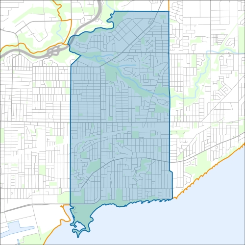 A map of the ward Beaches-East York within the City of Toronto