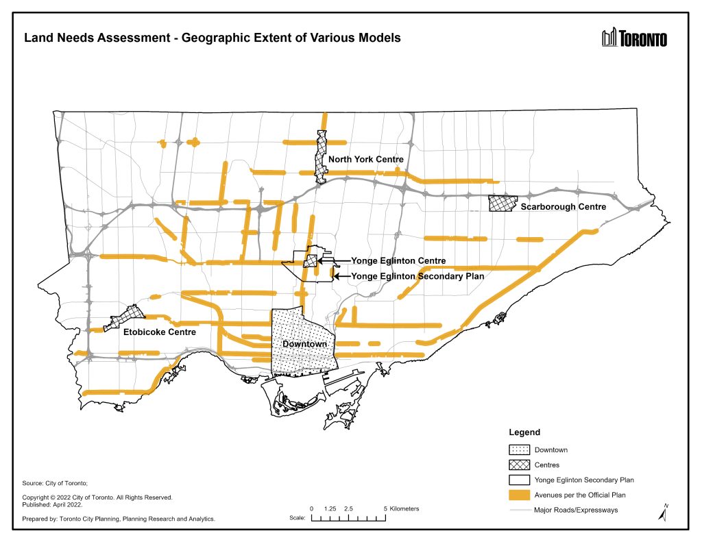Figure 2: Map of LNA Model Study Areas. A map showing Downtown, Centres, Yonge Eglinton Secondary Plan area, Avenues per the Official Plan. For detailed explanation, see Land Needs Assessment Staff Report, pages 15-31 or for assistance with this graphic, please contact CityPlanning@toronto.ca or telephone 416-392-9787.