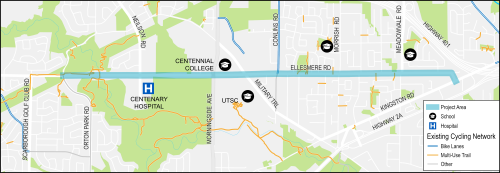 Project area map showing key destinations and area on Ellesmere Road from Orton Park to Kingston Road