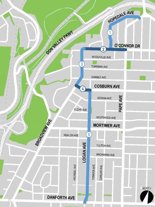 Map of the project area from Hopedale Avenue to Danforth Avenue and Broadview Avenue to Pape Avenue