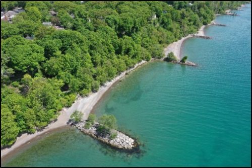 Aerial view of groyne system along the Bluffs west