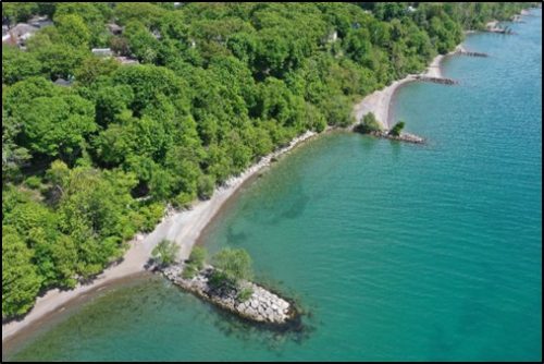 Aerial view of groyne system along the Bluffs west