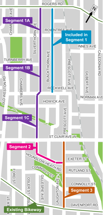 Map of project area divided into 3 segments. Segment 1: Silverthorn Avenue - Rogers Road to St. Clair Avenue West, Segment 2: Hounslow Heath Road - St. Clair Avenue West to Laughton Avenue and Segment 3: Laughton Avenue - St. Clair Avenue West to Davenport Road.