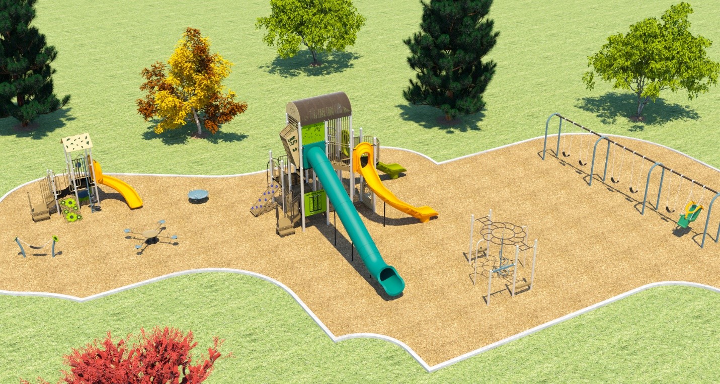 Aerial view of Playground Equipment Option A with junior play structure at left, a large play structure in the centre, and a 3 bay swing set at right. This option also includes a monkey bar climber, a stand-alone hammock feature, a 4-way teeter-totter and a group disk spinner.