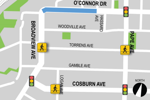 Map of project area highlighting segment on O'Connor Drive from Hassard Avenue to Broadview Avenue