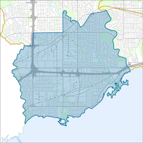 A map of the ward Etobicoke-Lakeshore within the City of Toronto