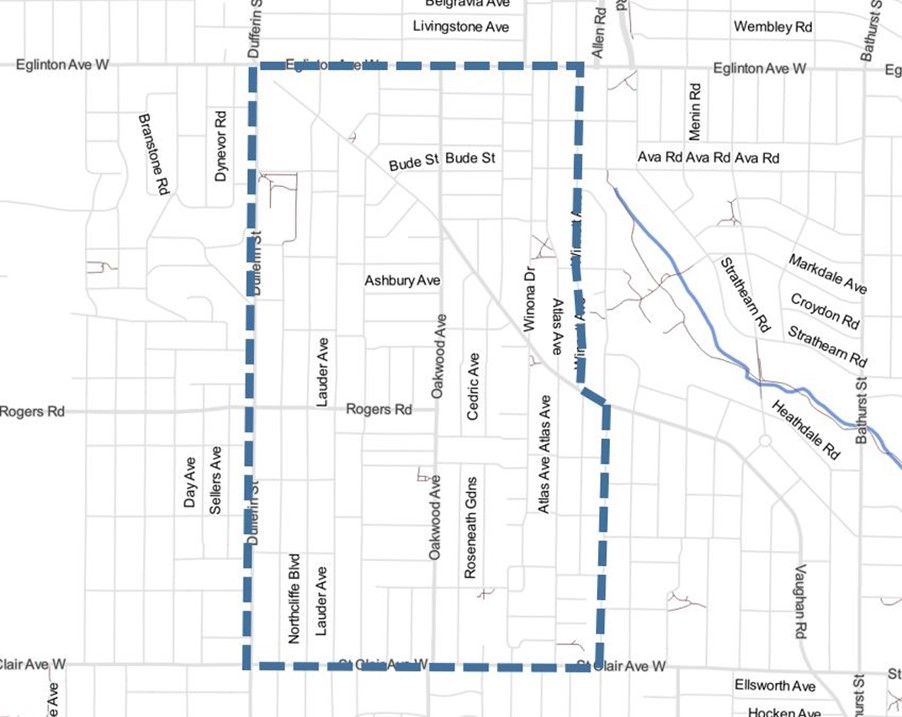 Map of Oakwood Village Neighbourhood Streets Plan study area.
