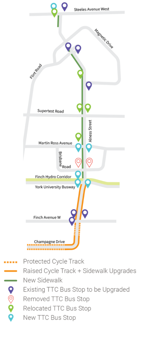 Map showing locations of proposed bike lanes, TTC stops and sidewalks on Alness Street and Champagne Drive between Steeles Avenue West and Chesswood Drive. For more information contact cycling@toronto.ca. 