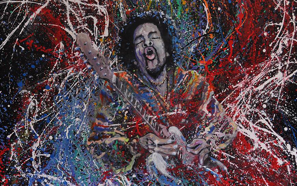 Oil painting of a figure playing a guitar with abstract red, blue and green background
