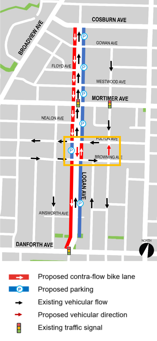 Map of project area showing proposed bike lanes, parking and vehicular direction