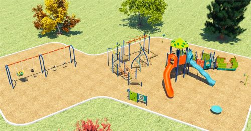 A rendering of playground Design A for Elmbrook Park Playground improvements,. From the left to right, it includes a swing set with 4 swings, senior climbing equipment,play panels, an all-ages climbing structure, a spinner, and a talk tube.