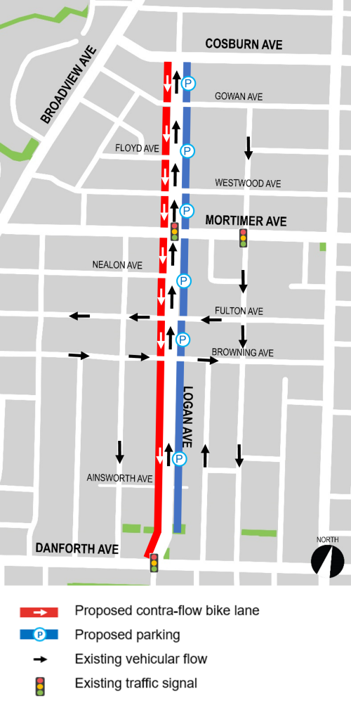 Map of project area showing proposed contra-flow bike lanes and vehicular flow