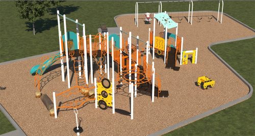 A rendering of playground Design C for Elmbrook Park Playground improvements. From the lower-left to the upper-right, it includes a stand-up spinner, a senior play structure, a vehicle spring toy, a junior play structure, and a swing set with 5 swings. 