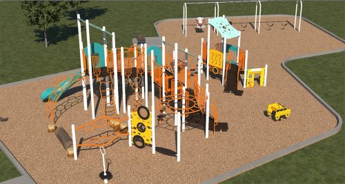 A rendering of playground Design C for Elmbrook Park Playground improvements. From the lower-left to the upper-right, it includes a stand-up spinner, a senior play structure, a vehicle spring toy, a junior play structure, and a swing set with 5 swings.